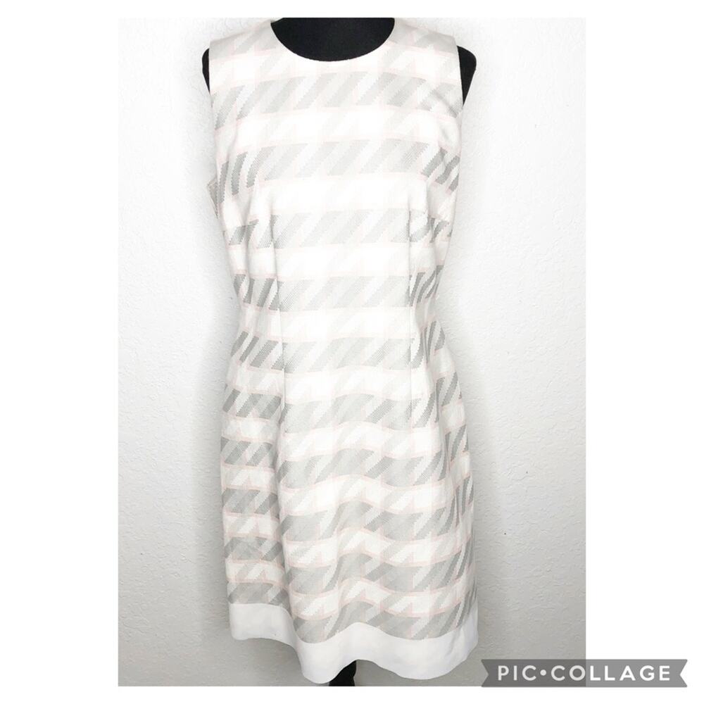 BOSS Hugo Boss white pink gray geometric tweed sleeveless sheath dress size 10